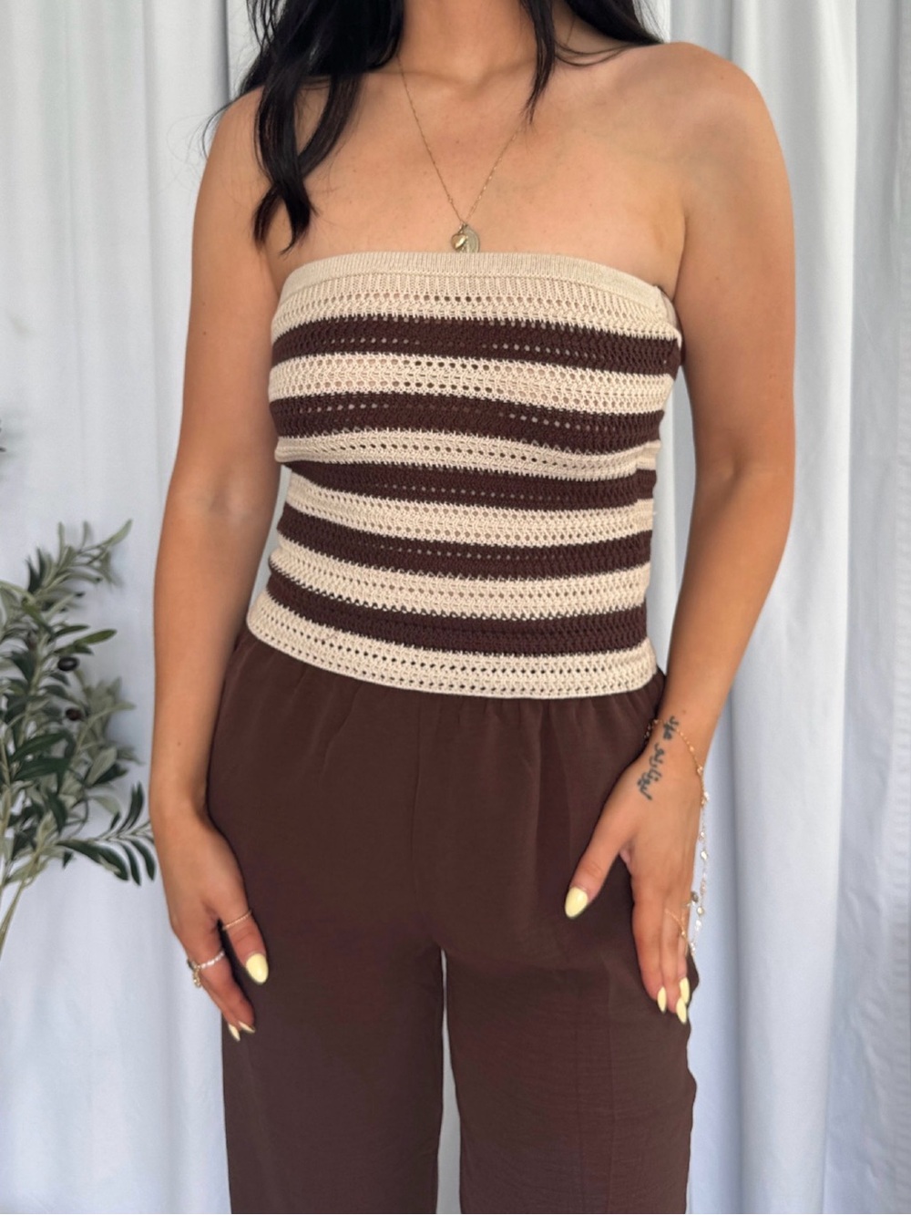 Blu Pepper Strapless Crochet Tube Top in Cream and Brown
